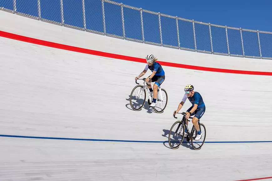 Track cyclists on the Tucson Velodrome high banking